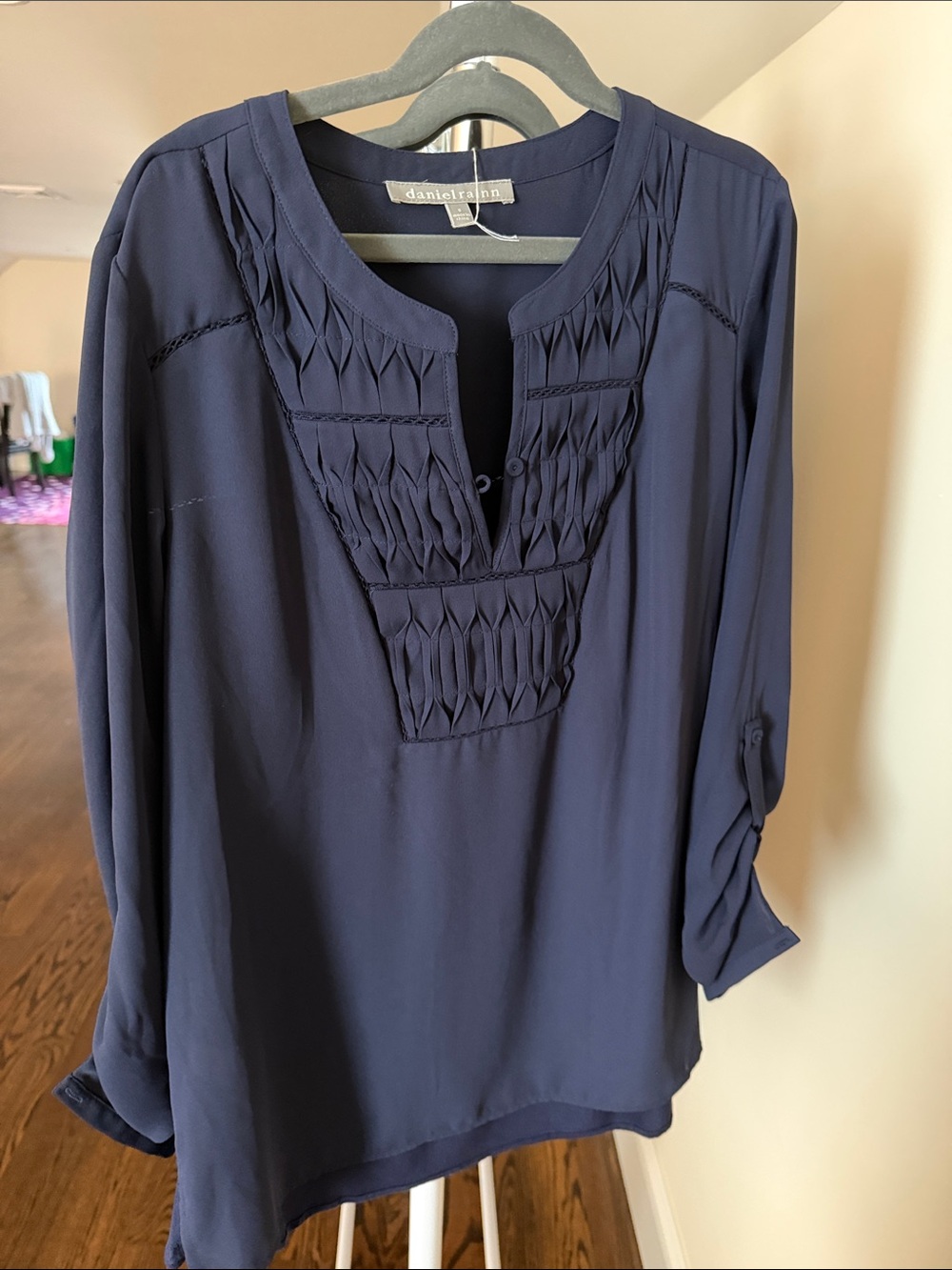 Daniel Rainn Navy V-Neck Tunic Blouse w pin tuck detail and buttons